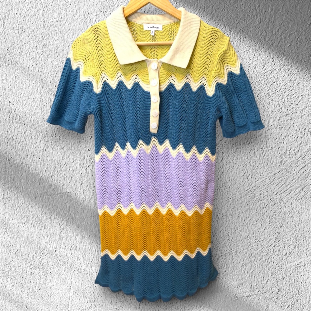 Heartloom Crochet Knit Polo Dress M Colorblock Zig Zag Stripe Cotton Retro Mod - Picture 2 of 14